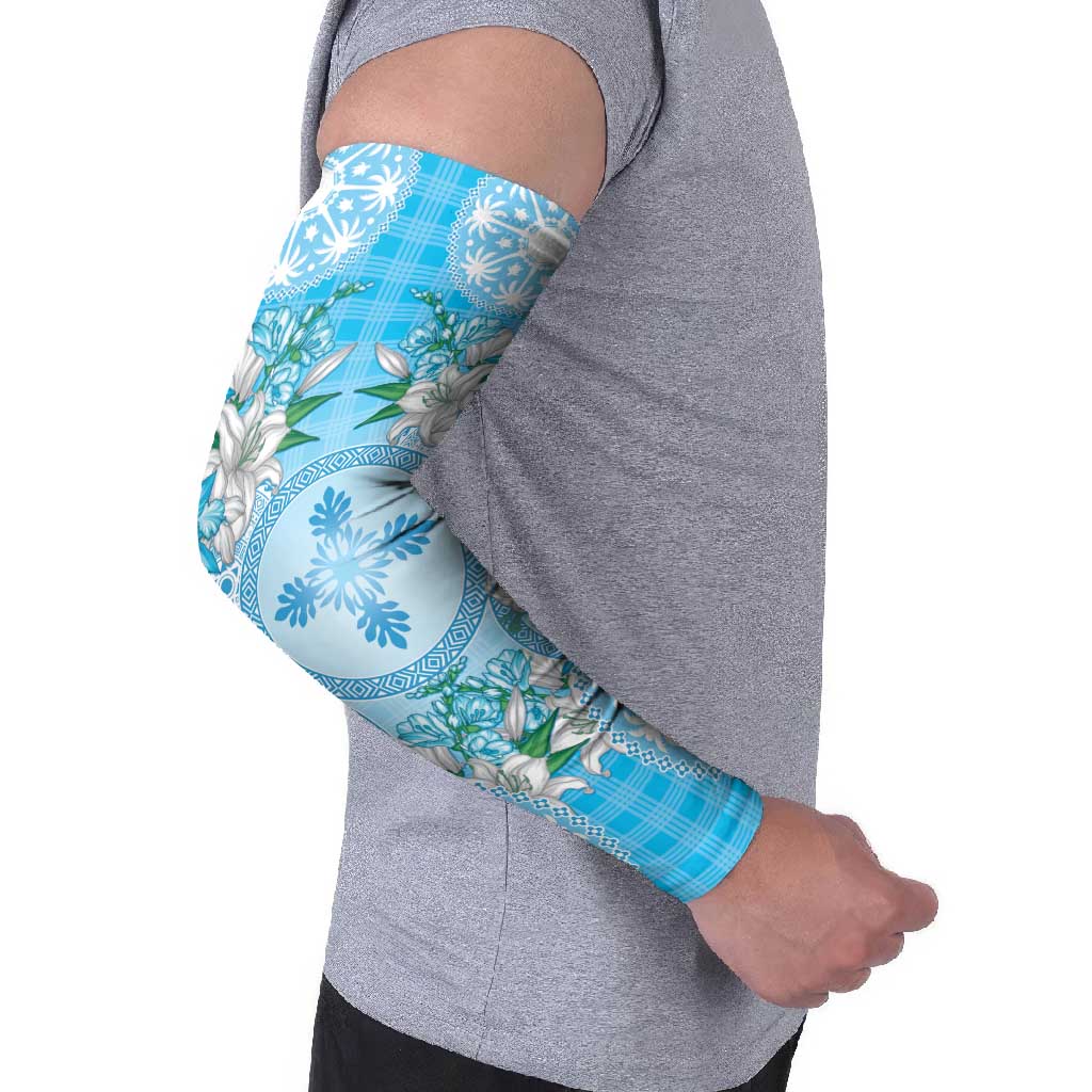 Hawaii Cyan Palaka Arm Sleeves With Tapa Pattern Tropical Flowers - Polynesian Pride