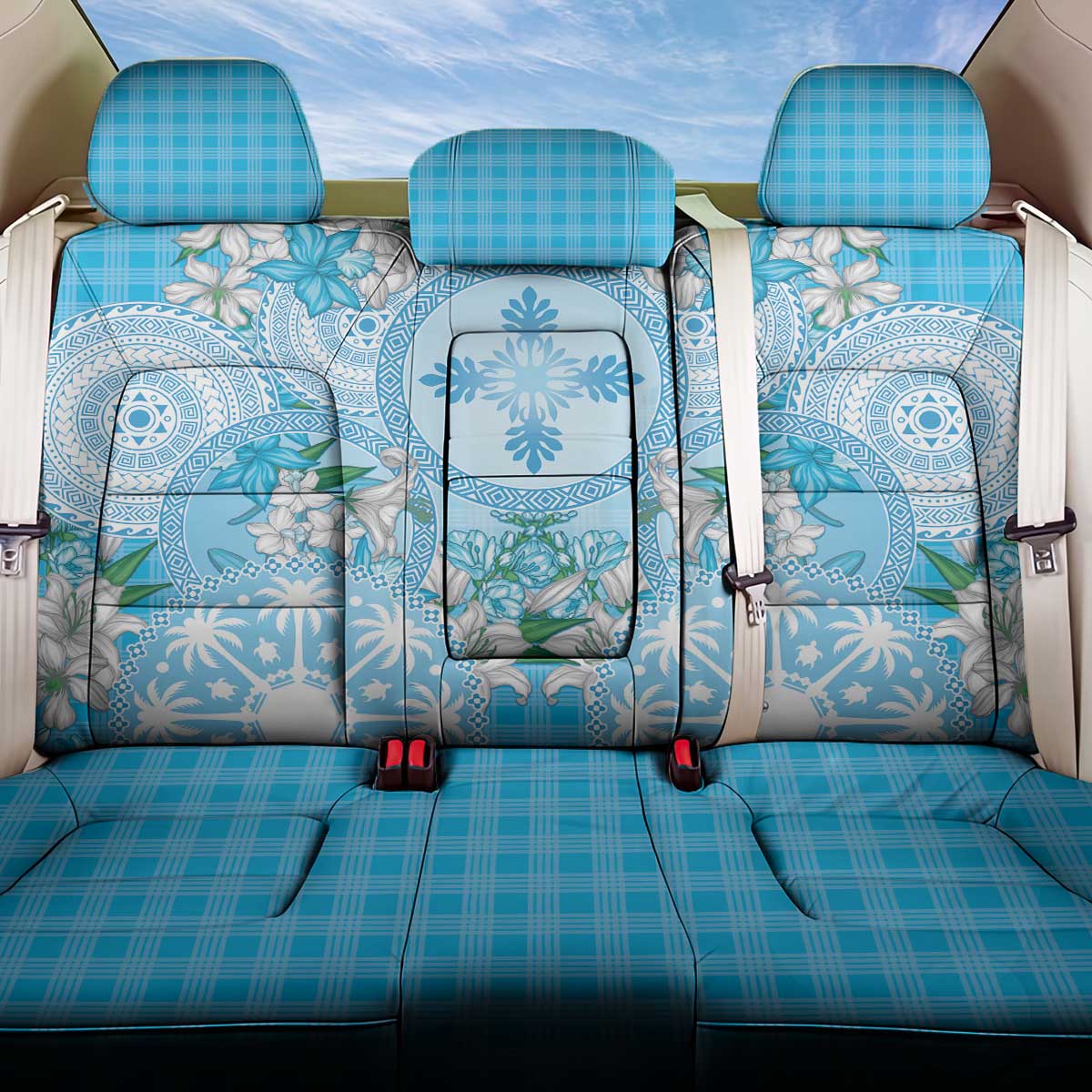 Hawaii Cyan Palaka Back Car Seat Cover With Tapa Pattern Tropical Flowers - Polynesian Pride