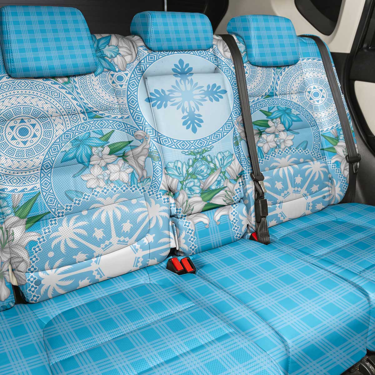 Hawaii Cyan Palaka Back Car Seat Cover With Tapa Pattern Tropical Flowers - Polynesian Pride