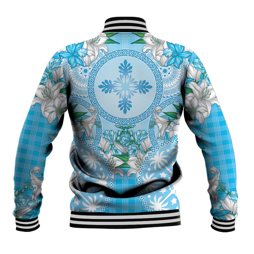 Hawaii Cyan Palaka Baseball Jacket With Tapa Pattern Tropical Flowers - Polynesian Pride