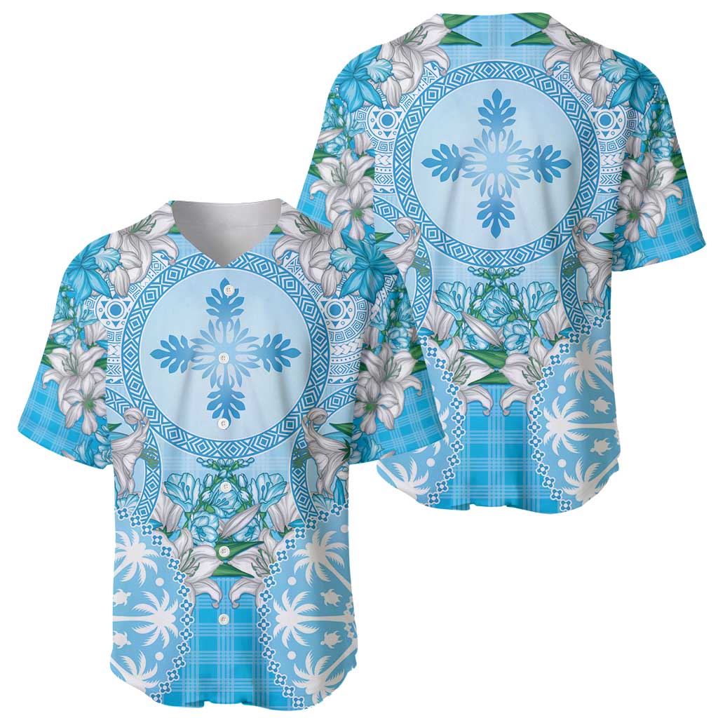 Hawaii Cyan Palaka Baseball Jersey With Tapa Pattern Tropical Flowers - Polynesian Pride