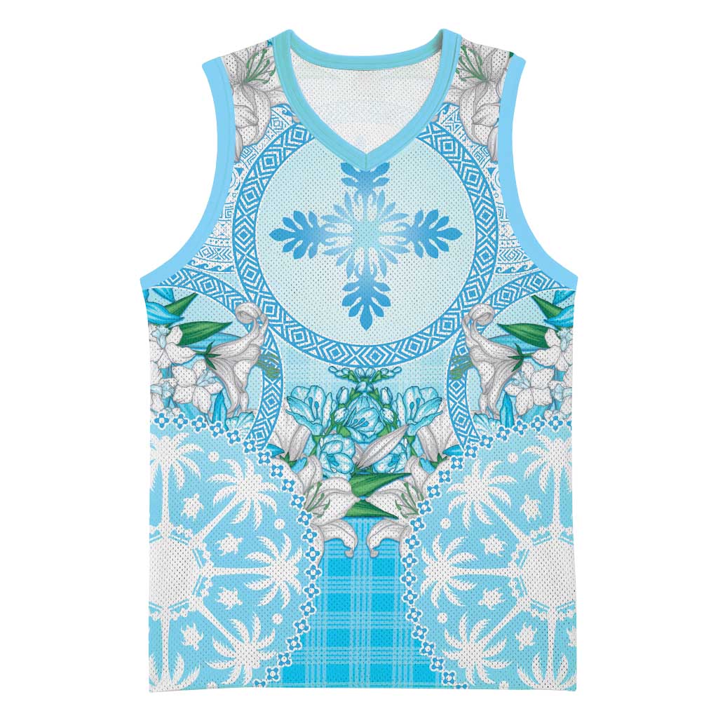 Hawaii Cyan Palaka Basketball Jersey With Tapa Pattern Tropical Flowers - Polynesian Pride