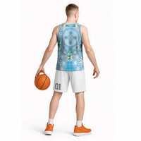 Hawaii Cyan Palaka Basketball Jersey With Tapa Pattern Tropical Flowers - Polynesian Pride