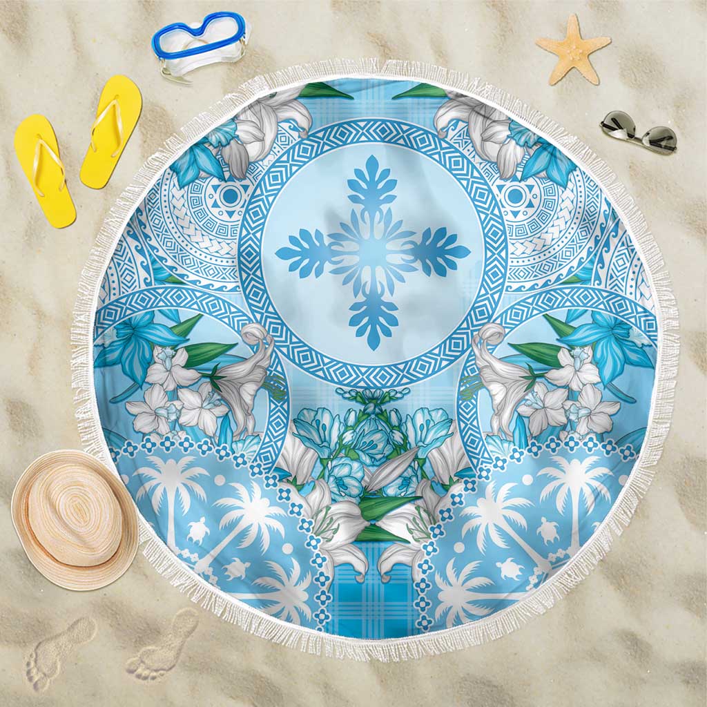 Hawaii Cyan Palaka Beach Blanket With Tapa Pattern Tropical Flowers - Polynesian Pride