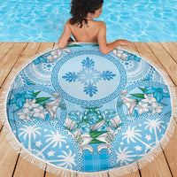 Hawaii Cyan Palaka Beach Blanket With Tapa Pattern Tropical Flowers - Polynesian Pride
