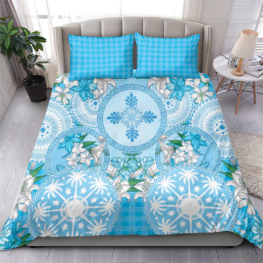 Hawaii Cyan Palaka Bedding Set With Tapa Pattern Tropical Flowers - Polynesian Pride