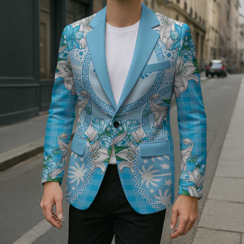 Hawaii Cyan Palaka Blazer With Tapa Pattern Tropical Flowers - Polynesian Pride