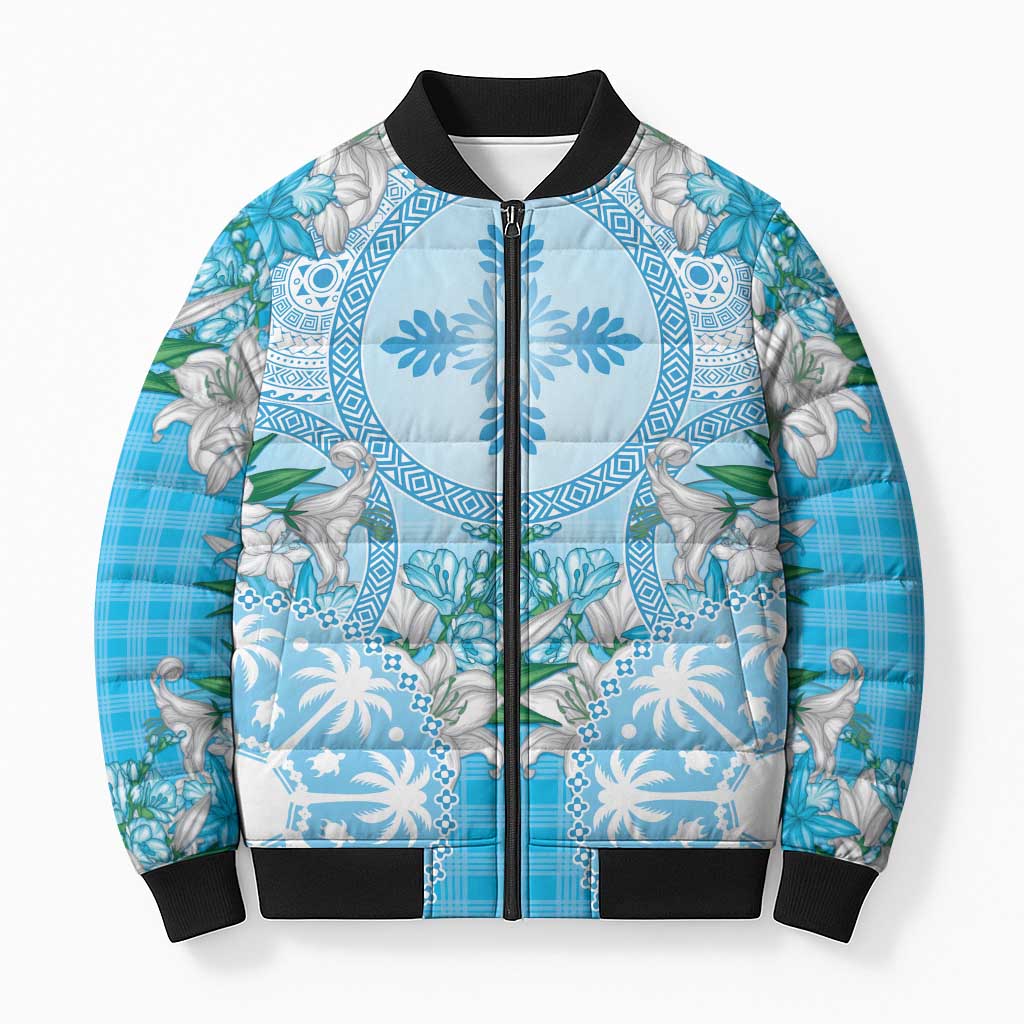 Hawaii Cyan Palaka Bomber Puffer Jacket With Tapa Pattern Tropical Flowers - Polynesian Pride