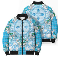 Hawaii Cyan Palaka Bomber Puffer Jacket With Tapa Pattern Tropical Flowers - Polynesian Pride