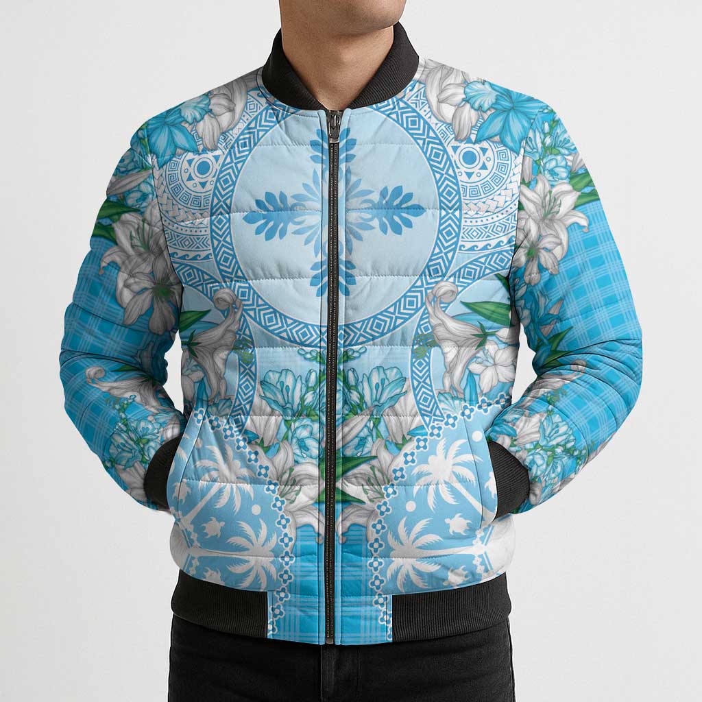 Hawaii Cyan Palaka Bomber Puffer Jacket With Tapa Pattern Tropical Flowers - Polynesian Pride