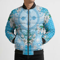 Hawaii Cyan Palaka Bomber Puffer Jacket With Tapa Pattern Tropical Flowers - Polynesian Pride