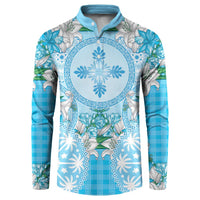 Hawaii Cyan Palaka Button Sweatshirt With Tapa Pattern Tropical Flowers LT05 Cyan - Polynesian Pride
