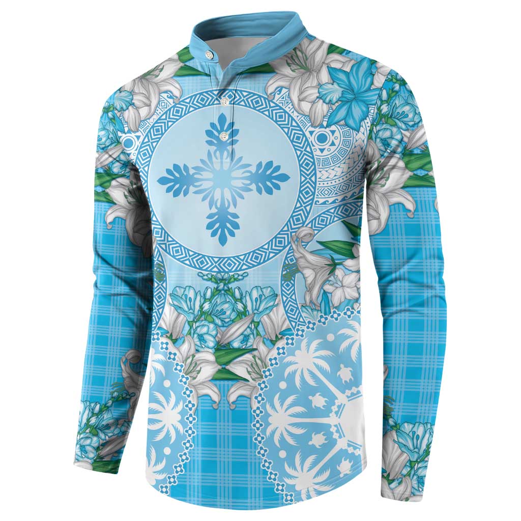 Hawaii Cyan Palaka Button Sweatshirt With Tapa Pattern Tropical Flowers LT05 - Polynesian Pride