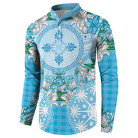 Hawaii Cyan Palaka Button Sweatshirt With Tapa Pattern Tropical Flowers LT05 - Polynesian Pride