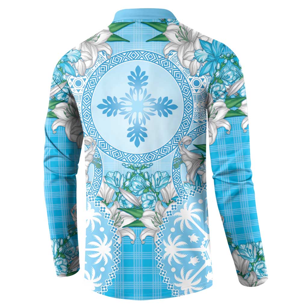 Hawaii Cyan Palaka Button Sweatshirt With Tapa Pattern Tropical Flowers LT05 - Polynesian Pride