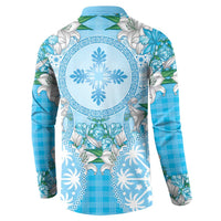 Hawaii Cyan Palaka Button Sweatshirt With Tapa Pattern Tropical Flowers LT05 - Polynesian Pride