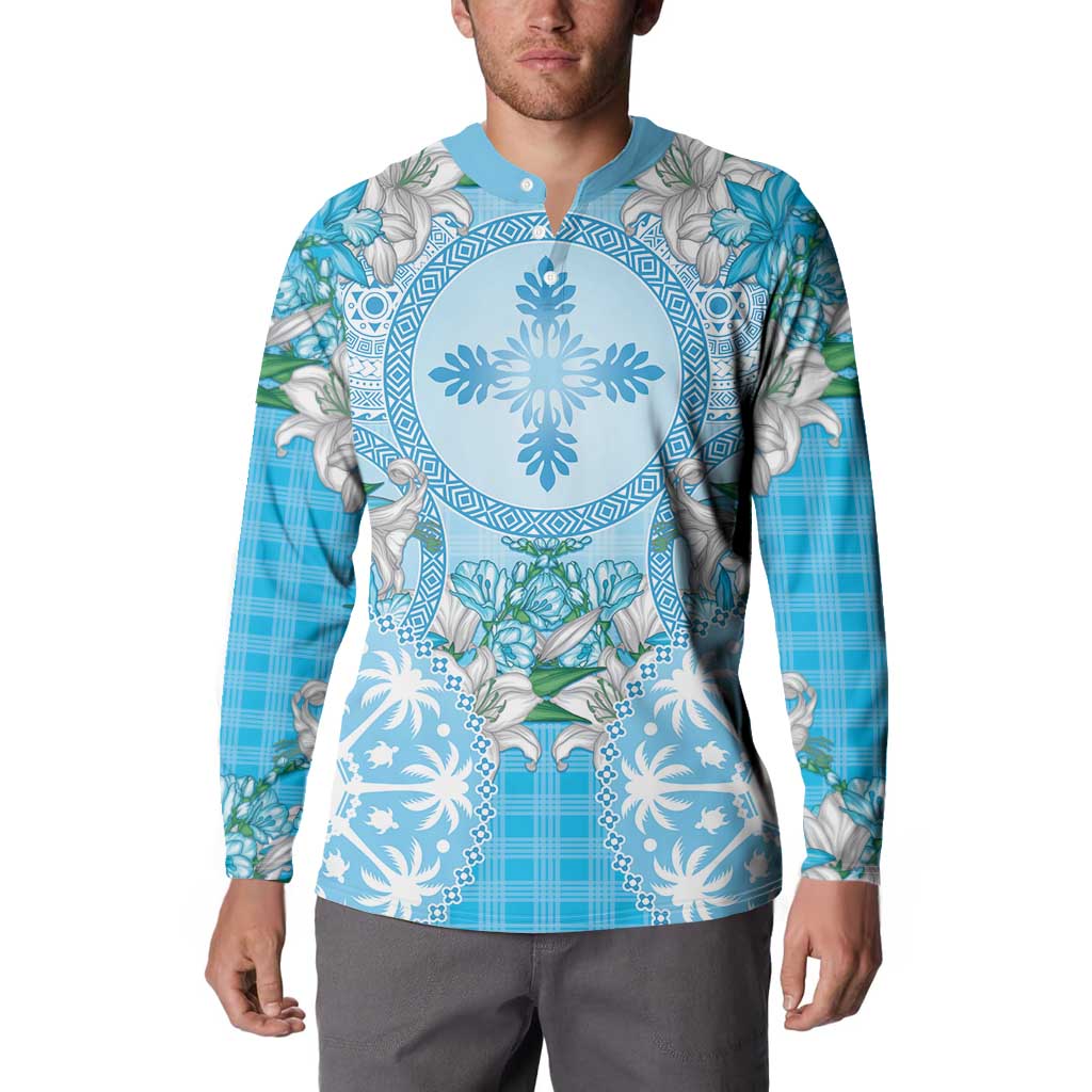 Hawaii Cyan Palaka Button Sweatshirt With Tapa Pattern Tropical Flowers LT05 - Polynesian Pride