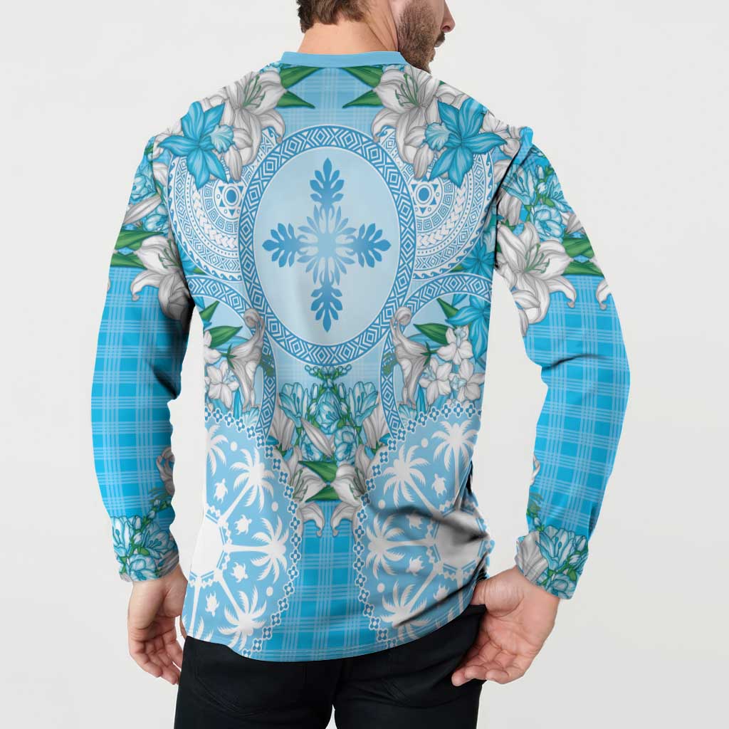 Hawaii Cyan Palaka Button Sweatshirt With Tapa Pattern Tropical Flowers LT05 - Polynesian Pride