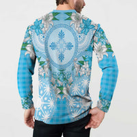 Hawaii Cyan Palaka Button Sweatshirt With Tapa Pattern Tropical Flowers LT05 - Polynesian Pride