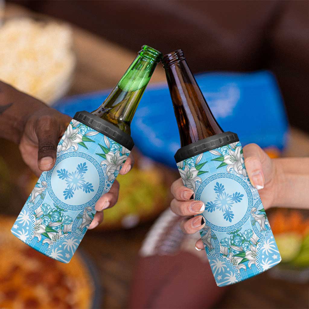 Hawaii Cyan Palaka 4 in 1 Can Cooler Tumbler With Tapa Pattern Tropical Flowers - Polynesian Pride