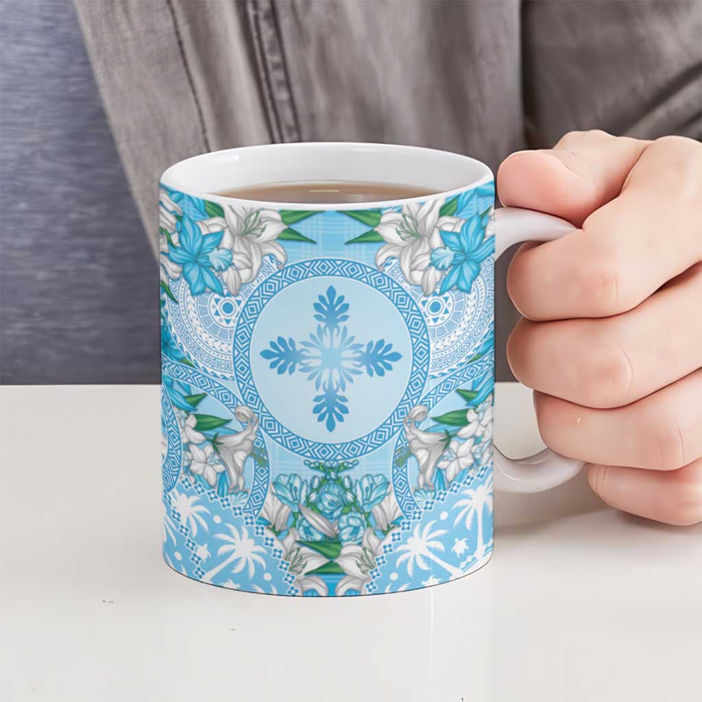 Hawaii Cyan Palaka Ceramic Mug With Tapa Pattern Tropical Flowers - Polynesian Pride
