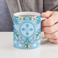 Hawaii Cyan Palaka Ceramic Mug With Tapa Pattern Tropical Flowers - Polynesian Pride