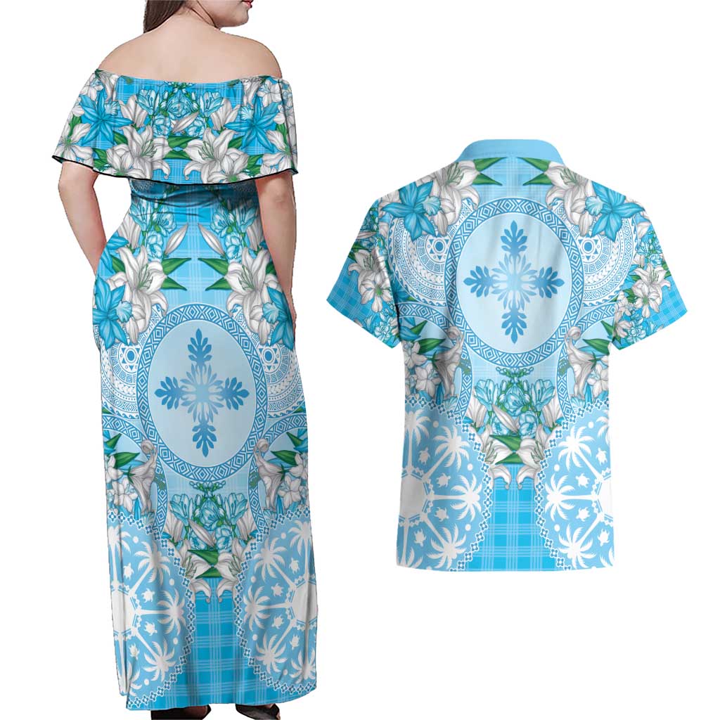 Hawaii Cyan Palaka Couples Matching Off Shoulder Maxi Dress and Hawaiian Shirt With Tapa Pattern Tropical Flowers LT05 - Polynesian Pride