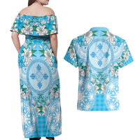 Hawaii Cyan Palaka Couples Matching Off Shoulder Maxi Dress and Hawaiian Shirt With Tapa Pattern Tropical Flowers LT05 - Polynesian Pride