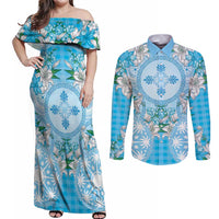 Hawaii Cyan Palaka Couples Matching Off Shoulder Maxi Dress and Long Sleeve Button Shirt With Tapa Pattern Tropical Flowers LT05 Cyan - Polynesian Pride