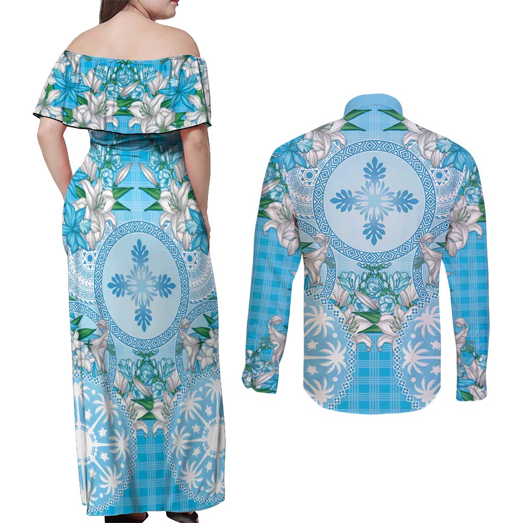 Hawaii Cyan Palaka Couples Matching Off Shoulder Maxi Dress and Long Sleeve Button Shirt With Tapa Pattern Tropical Flowers LT05 - Polynesian Pride
