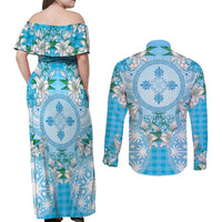 Hawaii Cyan Palaka Couples Matching Off Shoulder Maxi Dress and Long Sleeve Button Shirt With Tapa Pattern Tropical Flowers LT05 - Polynesian Pride