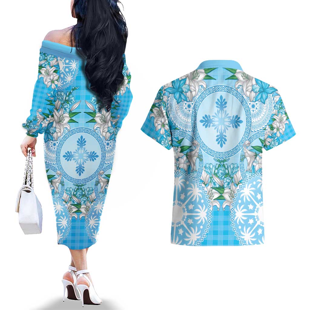Hawaii Cyan Palaka Couples Matching Off The Shoulder Long Sleeve Dress and Hawaiian Shirt With Tapa Pattern Tropical Flowers - Polynesian Pride