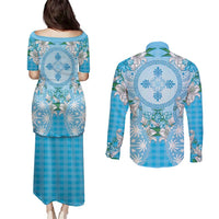 Hawaii Cyan Palaka Couples Matching Puletasi and Long Sleeve Button Shirt With Tapa Pattern Tropical Flowers - Polynesian Pride