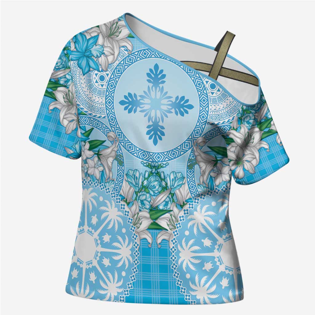 Hawaii Cyan Palaka Cross Shoulder Shirt With Tapa Pattern Tropical Flowers - Polynesian Pride