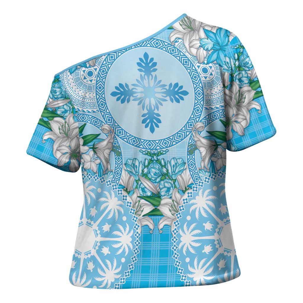 Hawaii Cyan Palaka Cross Shoulder Shirt With Tapa Pattern Tropical Flowers - Polynesian Pride