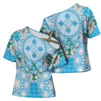 Hawaii Cyan Palaka Cross Shoulder Shirt With Tapa Pattern Tropical Flowers - Polynesian Pride