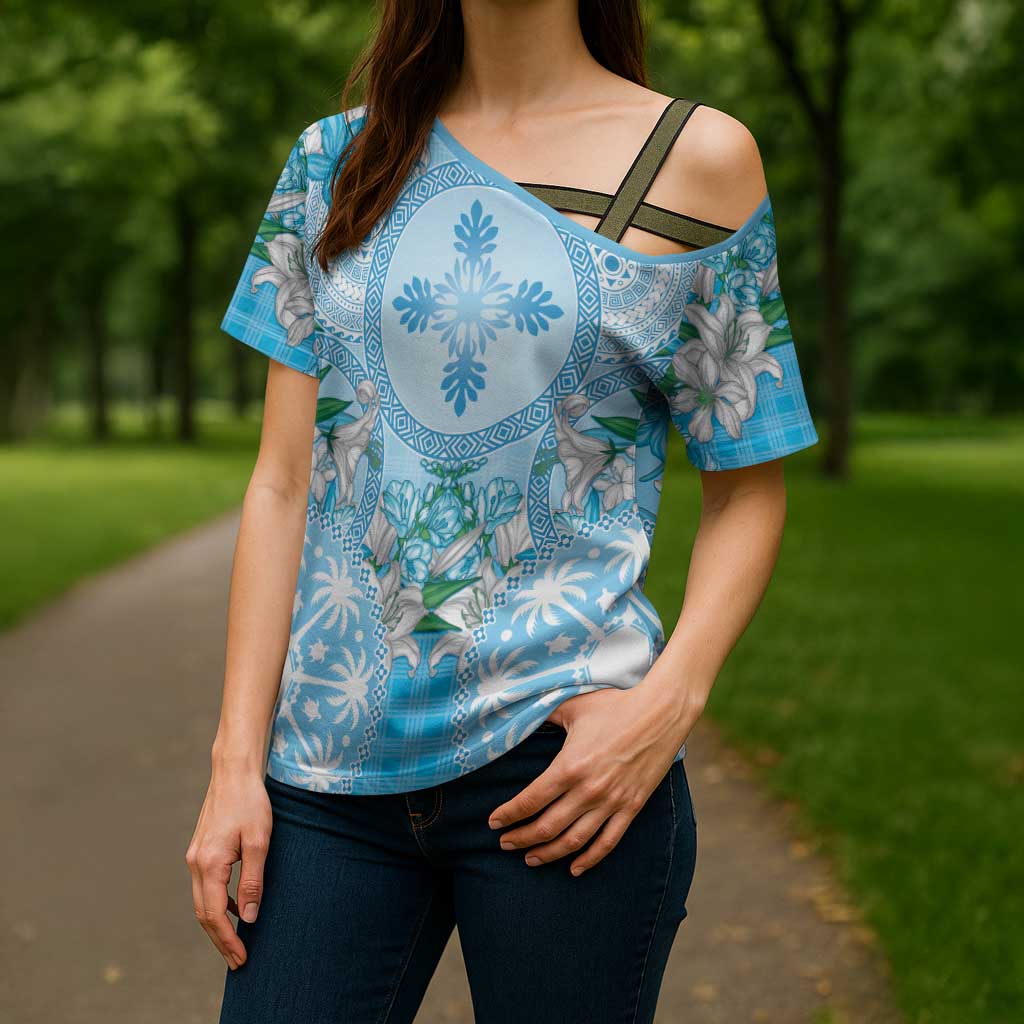 Hawaii Cyan Palaka Cross Shoulder Shirt With Tapa Pattern Tropical Flowers - Polynesian Pride
