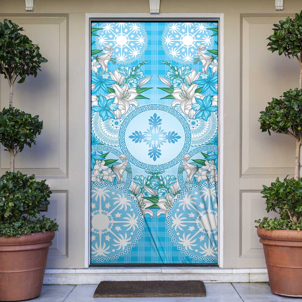 Hawaii Cyan Palaka Door Cover With Tapa Pattern Tropical Flowers - Polynesian Pride