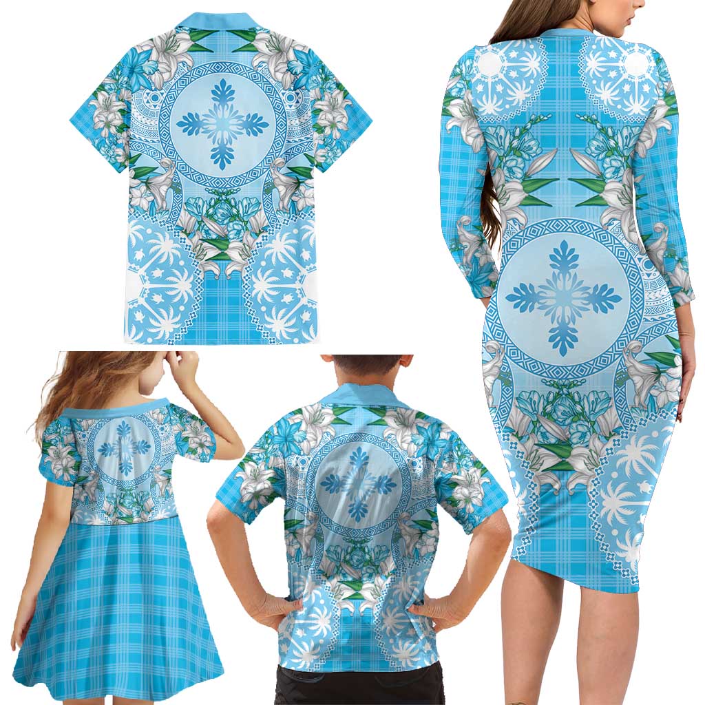 Hawaii Cyan Palaka Family Matching Long Sleeve Bodycon Dress and Hawaiian Shirt With Tapa Pattern Tropical Flowers - Polynesian Pride