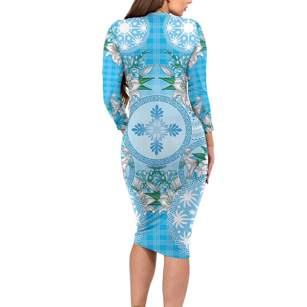 Hawaii Cyan Palaka Family Matching Long Sleeve Bodycon Dress and Hawaiian Shirt With Tapa Pattern Tropical Flowers - Polynesian Pride