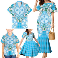 Hawaii Cyan Palaka Family Matching Mermaid Dress and Hawaiian Shirt With Tapa Pattern Tropical Flowers - Polynesian Pride