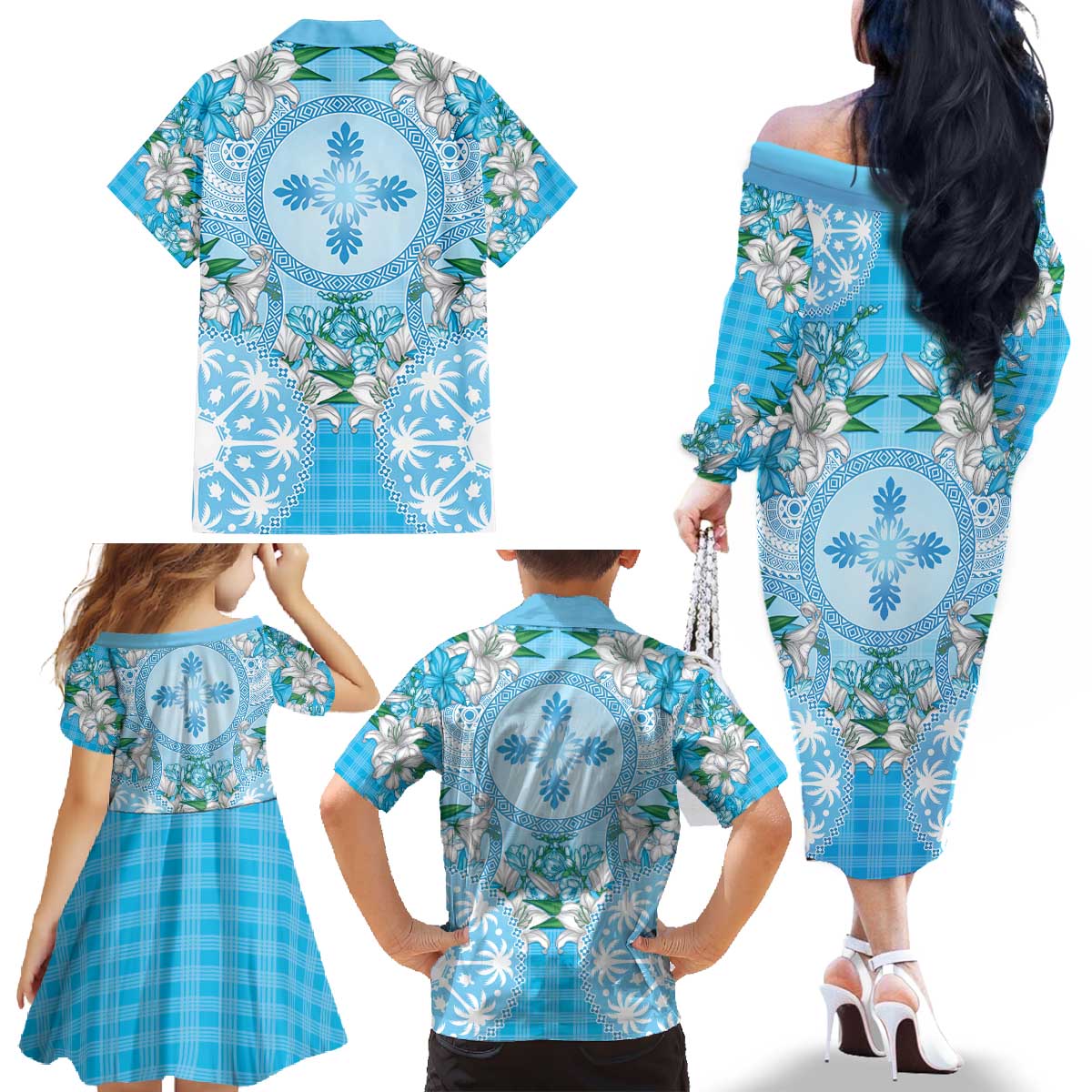 Hawaii Cyan Palaka Family Matching Off The Shoulder Long Sleeve Dress and Hawaiian Shirt With Tapa Pattern Tropical Flowers - Polynesian Pride