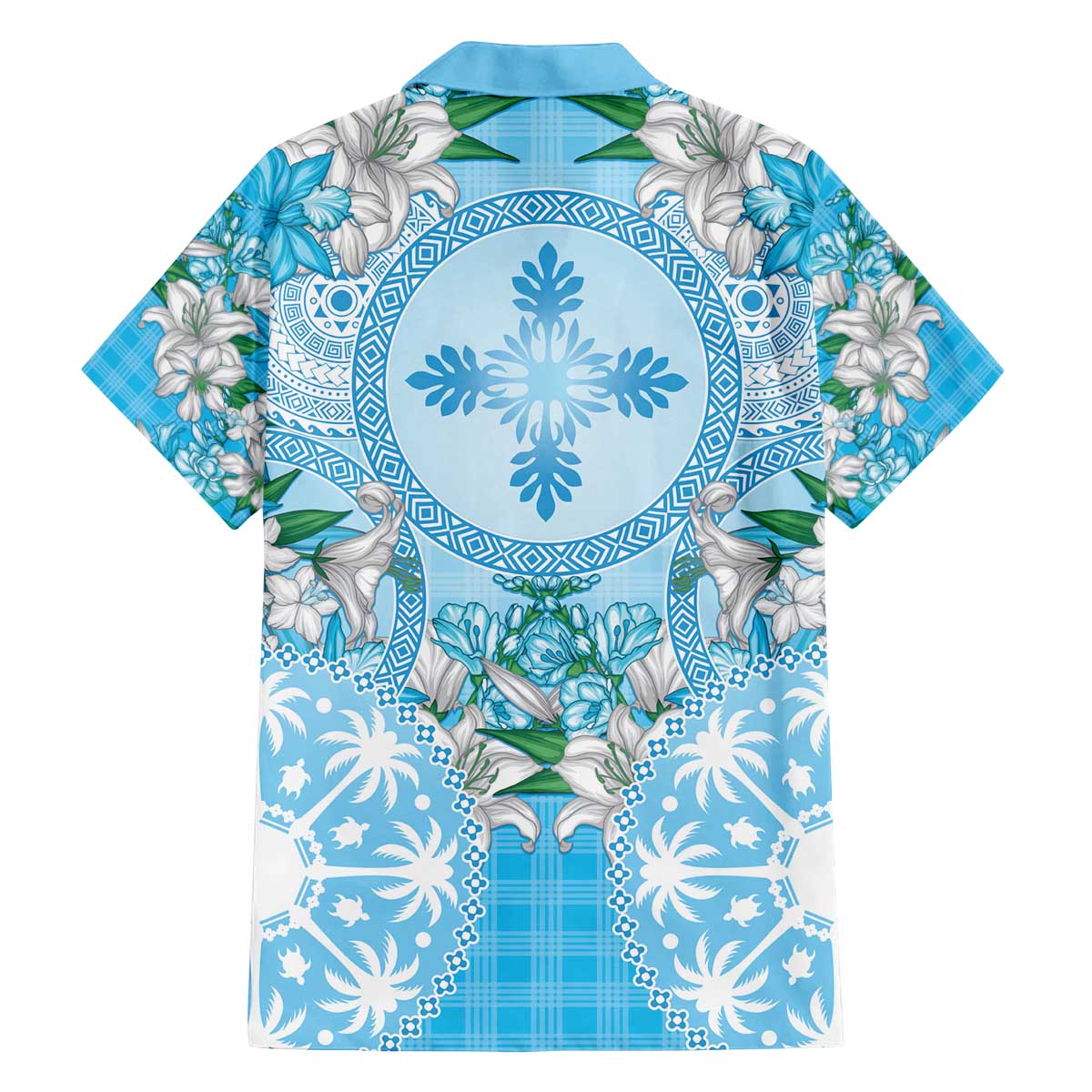 Hawaii Cyan Palaka Family Matching Off The Shoulder Long Sleeve Dress and Hawaiian Shirt With Tapa Pattern Tropical Flowers - Polynesian Pride