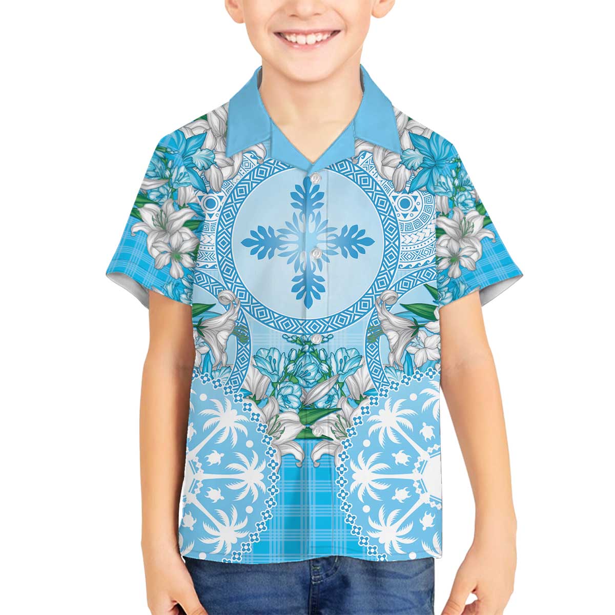 Hawaii Cyan Palaka Family Matching Off The Shoulder Long Sleeve Dress and Hawaiian Shirt With Tapa Pattern Tropical Flowers - Polynesian Pride