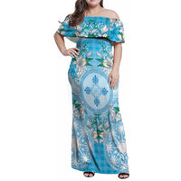 Hawaii Cyan Palaka Family Matching Off Shoulder Maxi Dress and Hawaiian Shirt With Tapa Pattern Tropical Flowers - Polynesian Pride
