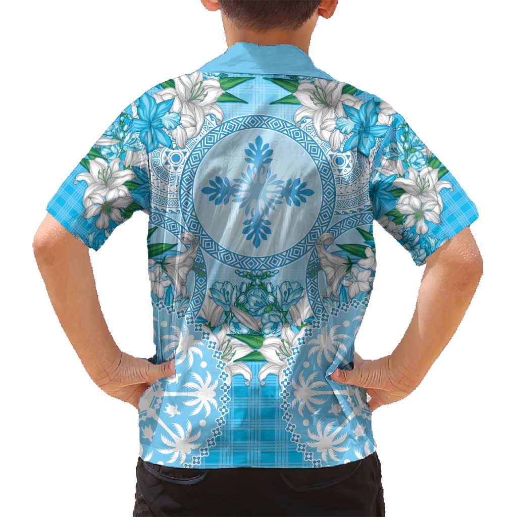 Hawaii Cyan Palaka Family Matching Off Shoulder Short Dress and Hawaiian Shirt With Tapa Pattern Tropical Flowers - Polynesian Pride