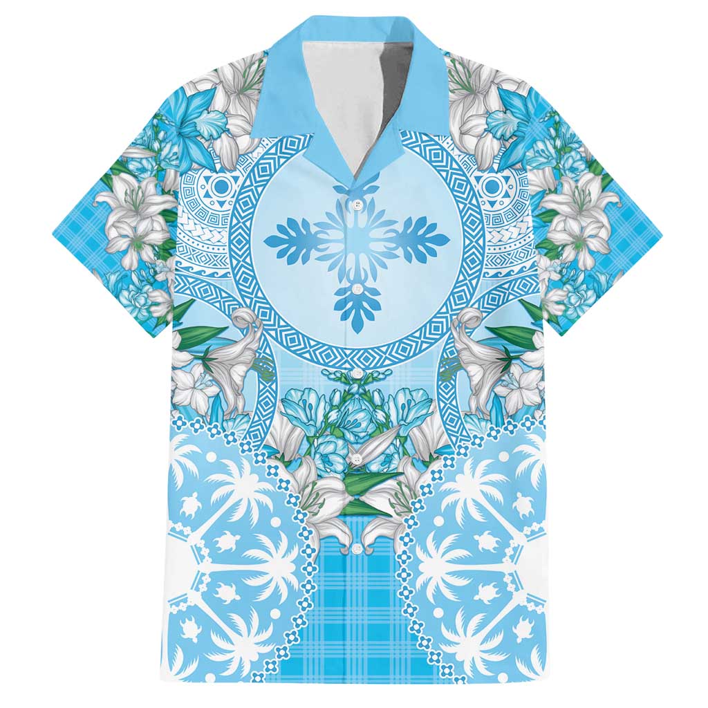 Hawaii Cyan Palaka Family Matching Puletasi and Hawaiian Shirt With Tapa Pattern Tropical Flowers - Polynesian Pride