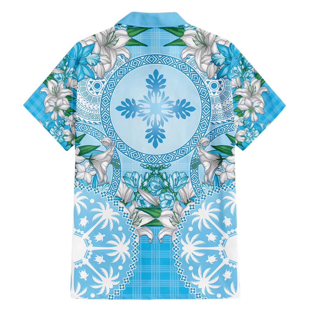 Hawaii Cyan Palaka Family Matching Puletasi and Hawaiian Shirt With Tapa Pattern Tropical Flowers - Polynesian Pride
