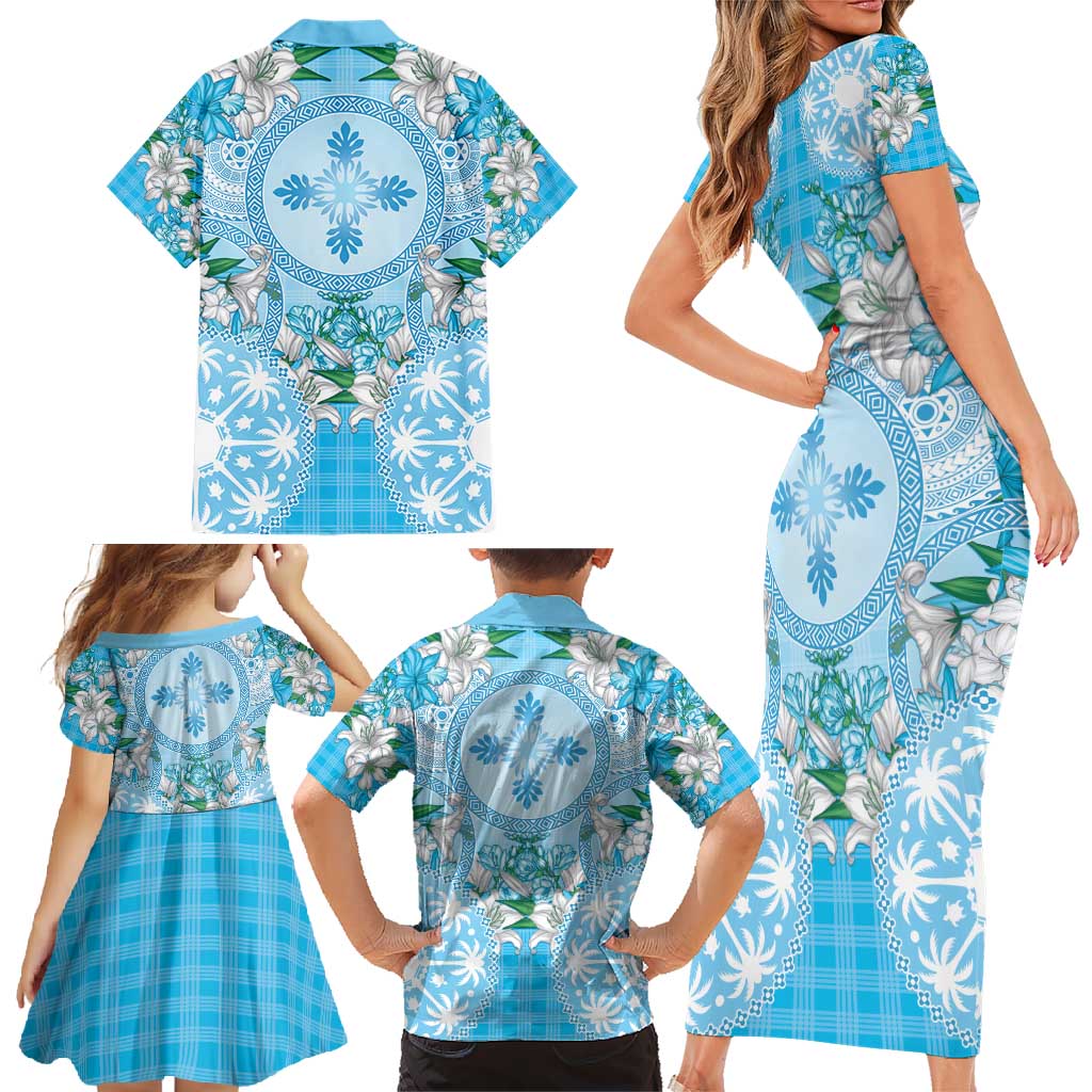 Hawaii Cyan Palaka Family Matching Short Sleeve Bodycon Dress and Hawaiian Shirt With Tapa Pattern Tropical Flowers - Polynesian Pride