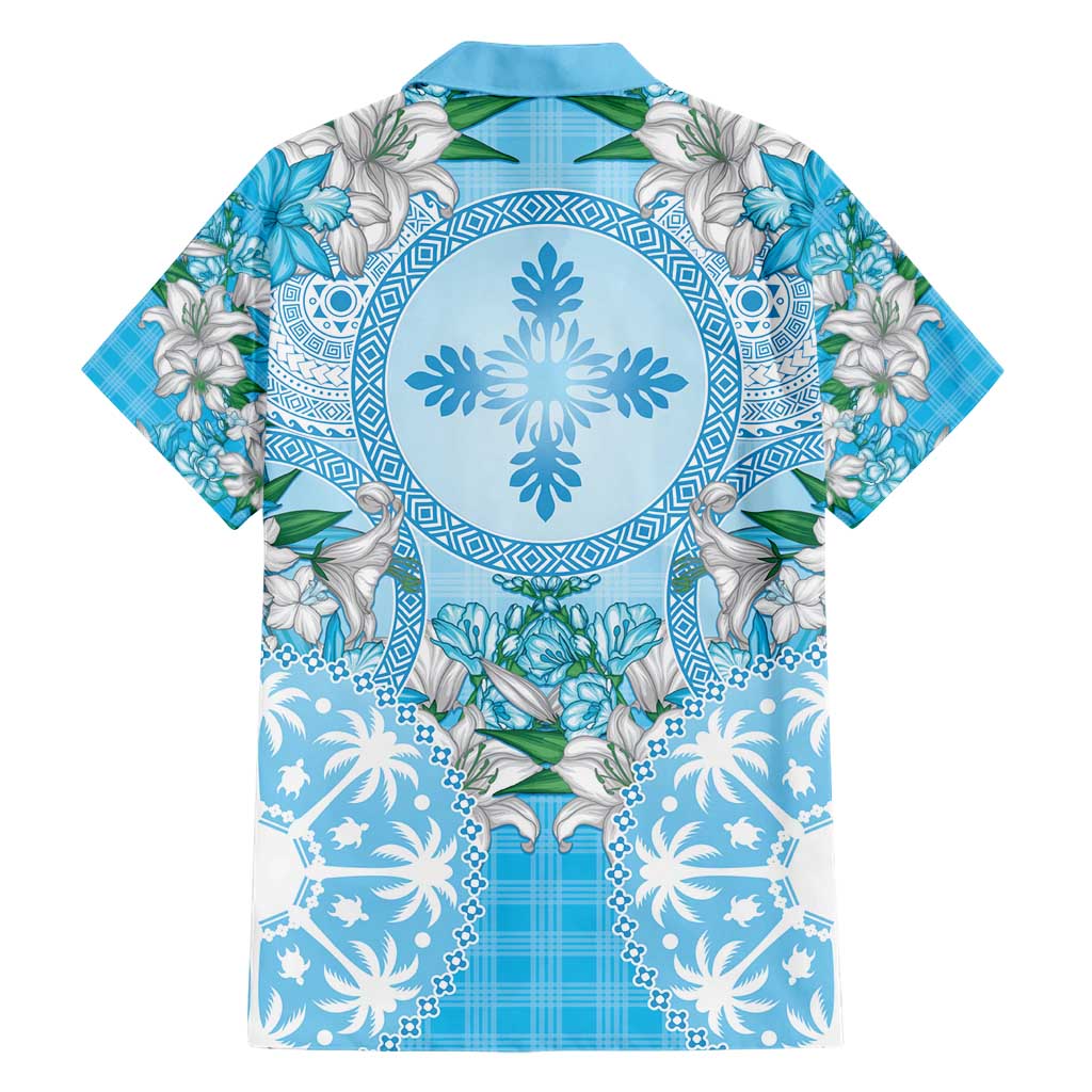 Hawaii Cyan Palaka Family Matching Short Sleeve Bodycon Dress and Hawaiian Shirt With Tapa Pattern Tropical Flowers - Polynesian Pride